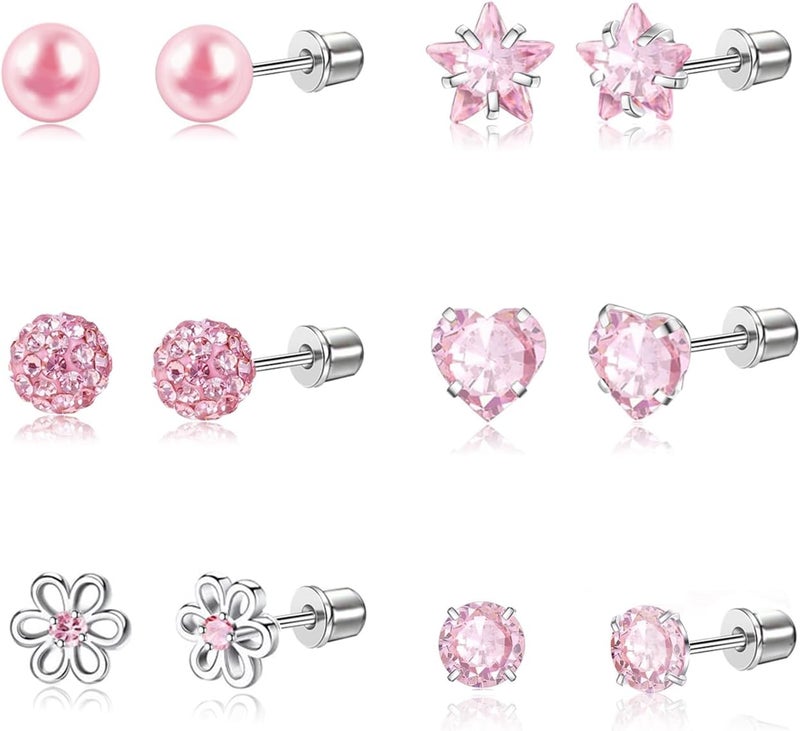 DALI 12 Pairs Toddler Earrings,Hypoallergenic Titanium Screw Back Earrings for Girls Women,Surgical Stainless Steel Cute Flower Pearl Star Cubic Zirconia Flat Back Stud Earrings for Sensitive Ears - Image 1